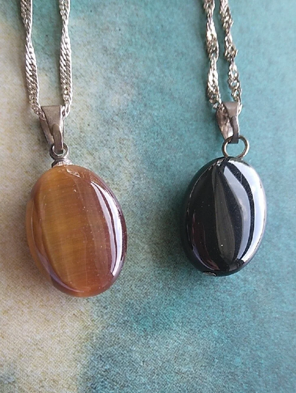 Vintage Black Onyx Or Brown Tiger Eye Oval Pendant On Sterling Silver Chain
